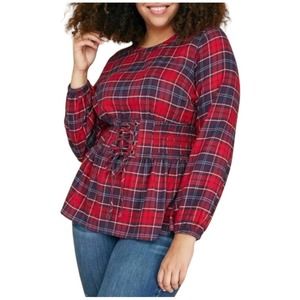 Lane Bryant Plaid Flannel Corset Tie Smocked Long Sleeve Red 26